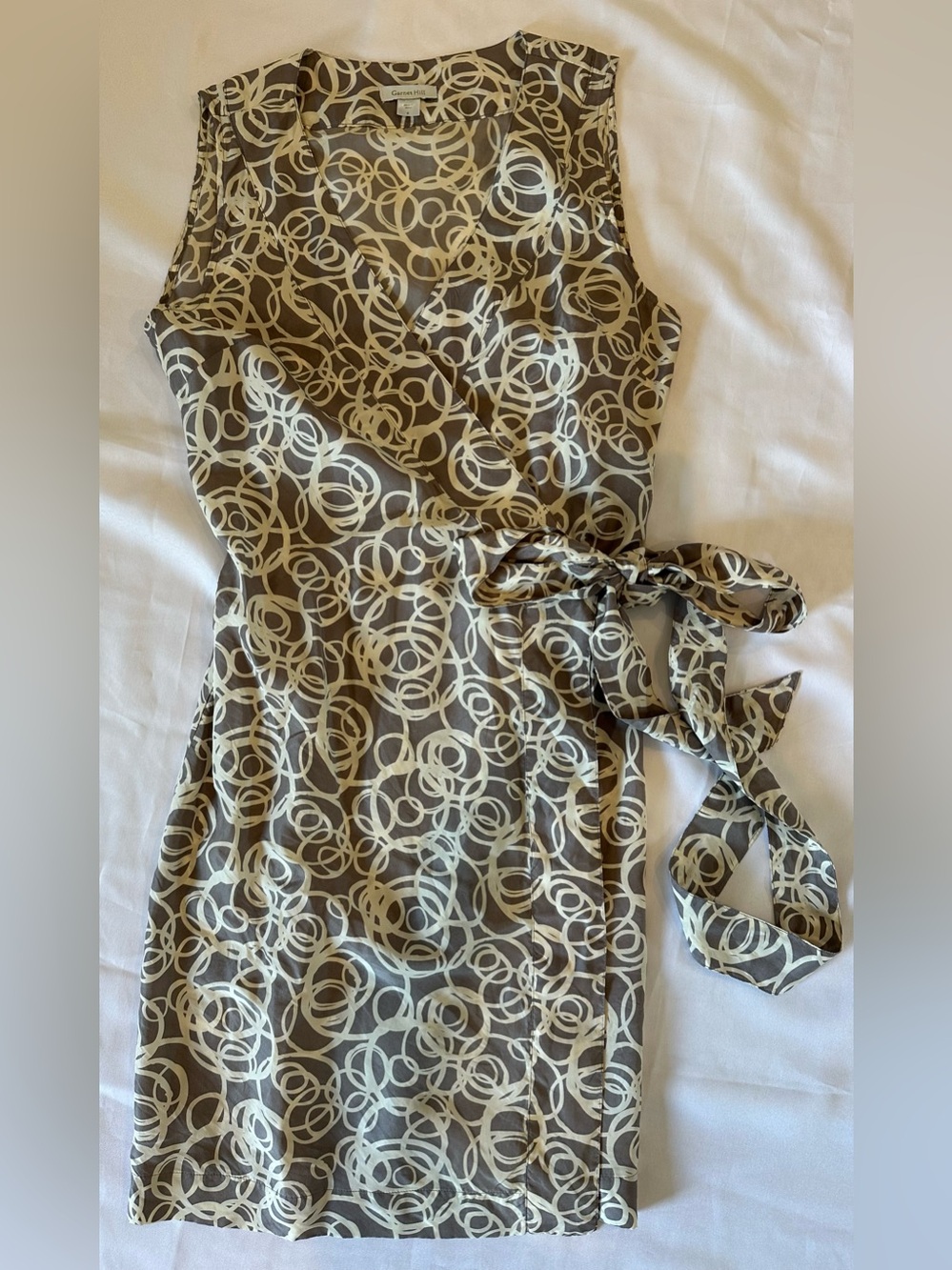 Garnet Hill silk Taupe and Cream Sleeveless Wrap Midi Dress
